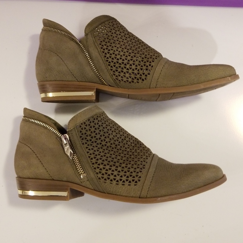 Fergie "Ida" olive leather ankle boots.
